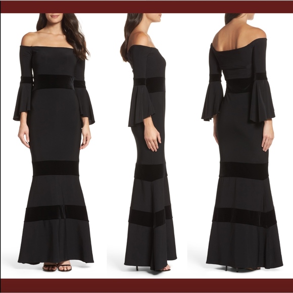 NWT Xscape Velvet Trim Off Shoulder Mermaid Dress - Picture 1 of 8
